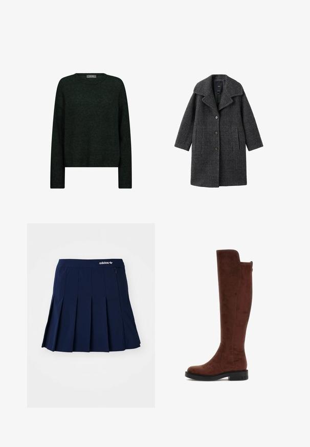 Gråternet uldfrakke med bred krave, forlommer og knaplukning. Designet har en struktureret silhuet og tekstureret stof.; Mørkegrøn sweater med rund halsudskæring, lange ærmer og en afslappet pasform. Fremstillet af tekstureret stof med subtile tonale mønstre.; Marineblå plisseret nederdel lavet af letvægtsstof; har en elastisk talje og en lille lynlås-lomme, med et hvidt Adidas-logo på forsiden.; Brune ruskind knæhøje støvler med en rund tå, glat tekstur, sidelægse detaljer og en lille hæl. Designet til en tætsiddende pasform og varme.