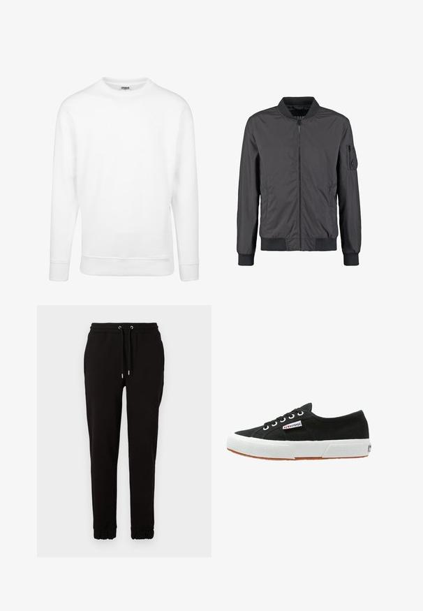 Veste bomber noire avec fermeture éclair à l’avant, col, poignets et bas côtelés, plus une poche zippée sur la manche gauche.; Sweatshirt blanc en tissu doux. Doté de manches longues, d'un col rond, de poignets et d'un ourlet côtelés. Design simple et minimaliste.; Pantalons de survêtement noirs en tissu doux, avec une taille élastique et des cordons de serrage, des poches latérales et des poignets froncés aux chevilles.; Baskets en toile noires avec semelle en caoutchouc blanc et semelle extérieure en caoutchouc brun. Présente un bout rond, un design à lacets et une petite étiquette logo sur le côté.