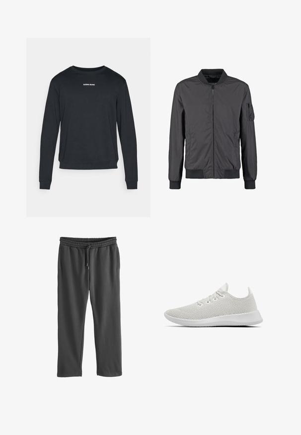Schwarze Bomberjacke mit Frontreißverschluss, geripptem Kragen, Bündchen und Saum sowie einer Reißverschlusstasche am linken Ärmel.; Schwarzer Langarm-Sweatshirt aus weichem Stoff, mit Rundhalsausschnitt, gerippten Bündchen und einem weißen Logo, das auf der Brust aufgedruckt ist.; Graue Sweatpants mit elastischem Bund und verstellbarem Kordelzug. Aus weichem Material gefertigt, mit seitlichen Taschen und lockerer Passform.; Allbirds TREE RUNNERS - Sneaker low - kaikoura white /white sole