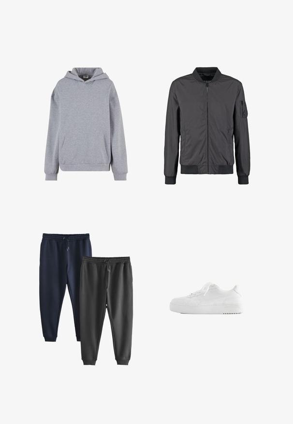 Sort bomberjakke med lynlås foran, ribbet krave, manchetter og kant samt en lynlåslomme på venstre ærme.; Lysegrå pullover hoodie med lange ærmer, for lomme foran og ribkant ved ærmerne på hvid baggrund.; To par sweatpants med elastiske linninger og snore, en mørkeblå og en sort, side om side på en hvid baggrund.; Hvid lavtop sneaker med snørebånd foran, tyk sål og minimale syninger på en ensfarvet hvid baggrund.
