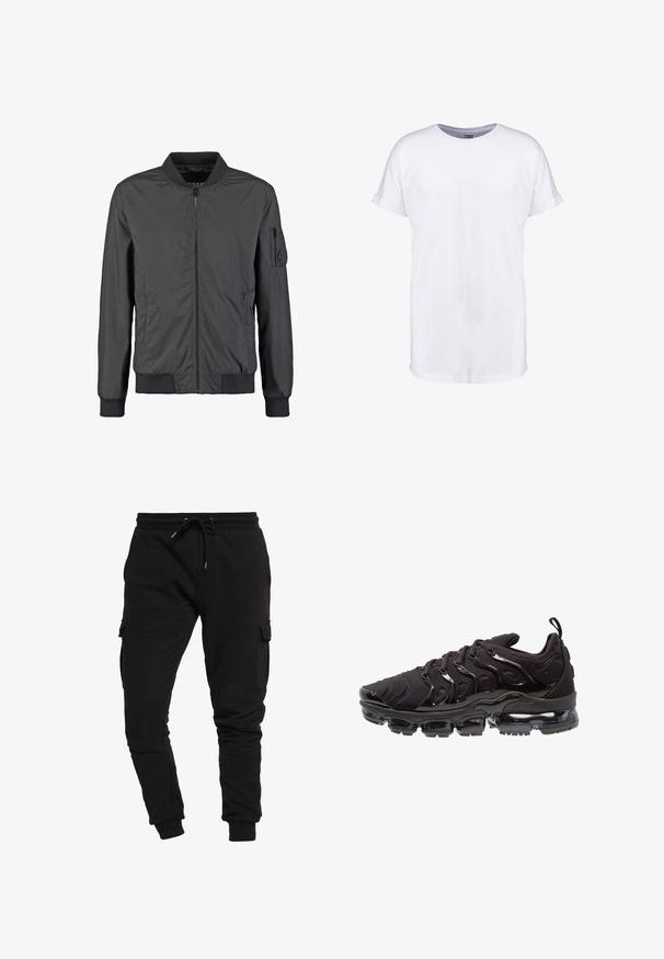 Chaqueta bomber negra con cremallera frontal, cuello, puños y bajo acanalados, además de un bolsillo con cremallera en la manga izquierda.; Camiseta blanca lisa de manga corta con puños remangados y cuello redondo, mostrada sobre un fondo blanco.; Joggers de algodón negro con un corte ajustado, cintura con cordón y bolsillos laterales tipo cargo. Textura suave y puños elásticos en los tobillos.; Zapatillas deportivas negras con una parte superior de tela texturizada, acentos brillantes y una suela prominente con amortiguación de aire. Presenta elementos de diseño en forma de onda distintivos.