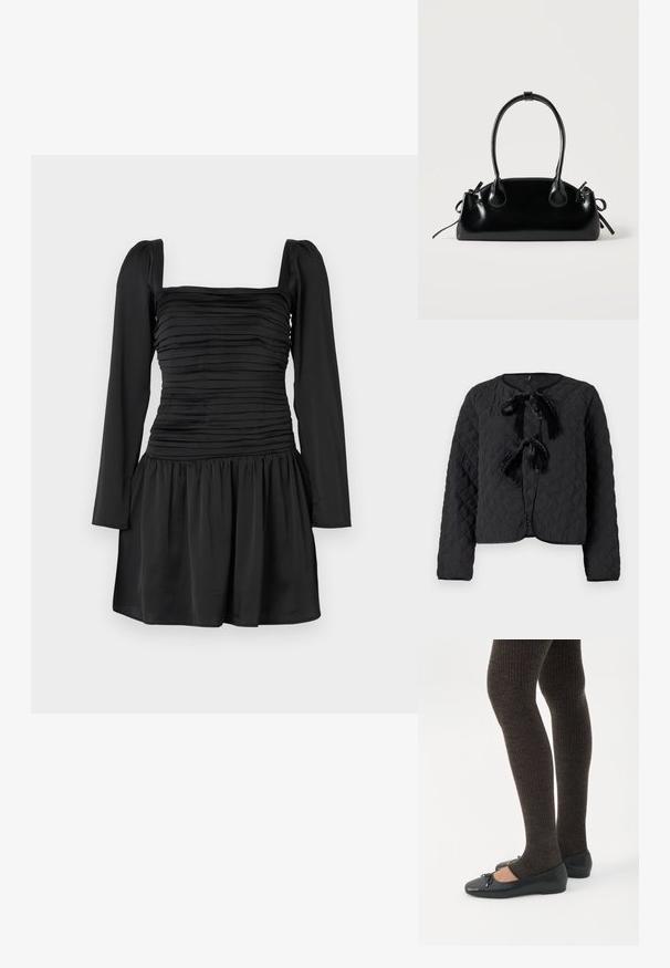 Chaqueta negra acolchada con mangas largas, escote redondo y dos lazos de terciopelo en la parte delantera como detalles de cierre.; Vestido negro con mangas largas, escote cuadrado y torso fruncido. Diseño de falda acampanada con tela recogida en la cintura. Textura suave.; Piernas con leggings oscuros acanalados combinados con bailarinas negras que presentan pequeños detalles de lazo sobre un fondo blanco.; Pequeño bolso negro brillante con dos asas largas y detalles de cordón lateral sobre un fondo claro liso.