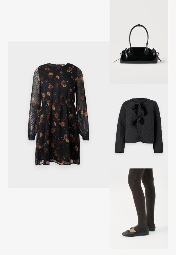 Chaqueta negra acolchada con mangas largas, escote redondo y dos lazos de terciopelo en la parte delantera como detalles de cierre.; Vestido negro de flores hecho de tela transparente. Presenta mangas largas abullonadas, un escote redondo, una cintura elástica y un patrón de puntos con diversas flores.; Piernas con leggings oscuros acanalados combinados con bailarinas negras que presentan pequeños detalles de lazo sobre un fondo blanco.; Pequeño bolso negro brillante con dos asas largas y detalles de cordón lateral sobre un fondo claro liso.