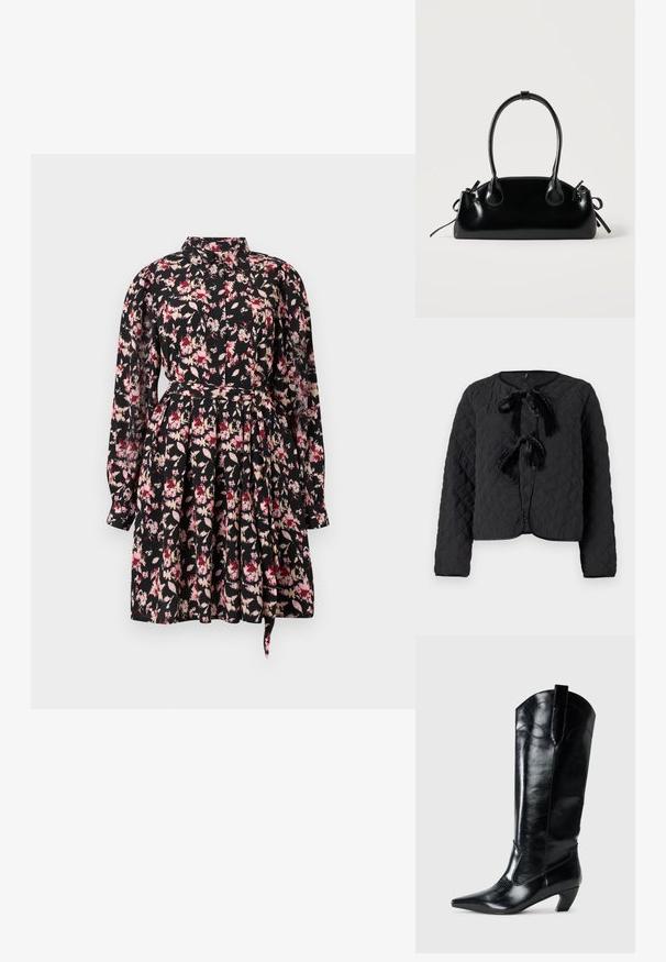 Zwarte gewatteerde jas met lange mouwen, een ronde halslijn en twee voorzijde van fluweel gemaakte striksluitingen.; Floral dress met een zwarte basis, voorzien van roze en crèmekleurige patronen, lange mouwen, een kraag en een taille die is getailleerd met een uitlopende rok.; Zwarte leren kniehoge laarzen met een spitse neus, lage hak en decoratieve stiksels aan de zijkanten. Gladde glanzende afwerking.; Kleine zwarte glanzende handtas met twee lange hengsels en zijkant trekkoord details op een effen lichte achtergrond.