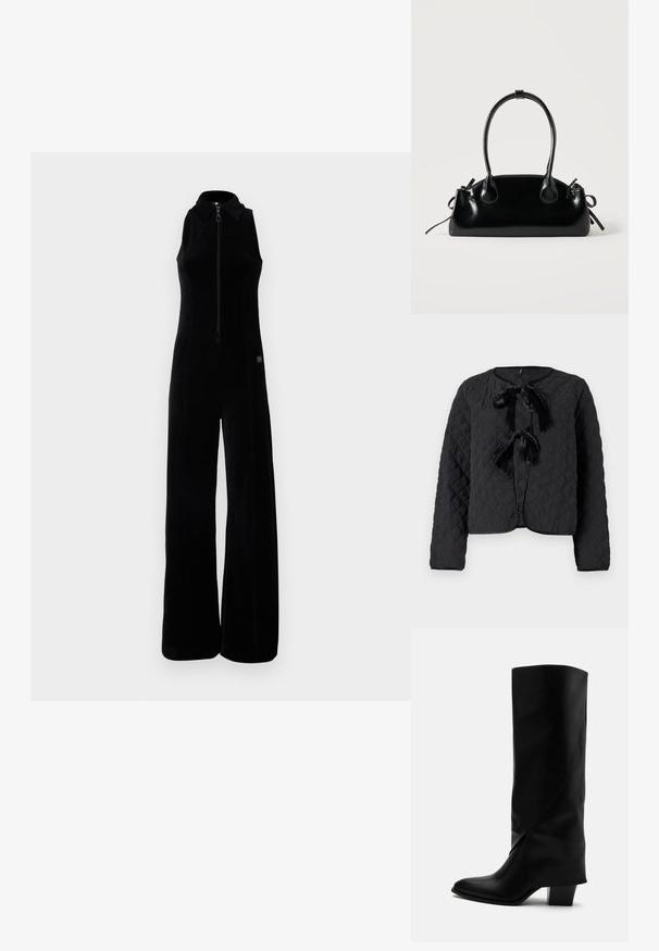 Chaqueta negra acolchada con mangas largas, escote redondo y dos lazos de terciopelo en la parte delantera como detalles de cierre.; Mono negro con cremallera frontal, diseño sin mangas, cuello alto y piernas anchas. Tela suave y texturizada con sutiles detalles de costura.; Bota alta de cuero negro con costuras anguladas, puntera puntiaguda y tacón grueso de altura media sobre fondo blanco.; Pequeño bolso negro brillante con dos asas largas y detalles de cordón lateral sobre un fondo claro liso.