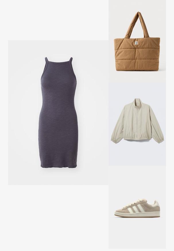 Svetlo béžová bunda na zips s elastickými manžetami a lemom, stojačikový golier, zobrazená na plochom povrchu.; Priehľadné bodycon šaty v tmavo fialovej farbe, s tenkými ramienkami a priliehavým strihom, vyrobené z elastickej pleteniny.; Hnedé semišové tenisky s bielymi koženými pruhmi a šnúrkami, gumová podrážka, polstrovaný golier a textúrované detaily na vrchnej strane.; Hnedá zateplená taška s širokými rúčkami a malou bielou nálepkou s čiernym kruhovým logom uprostred prednej časti.