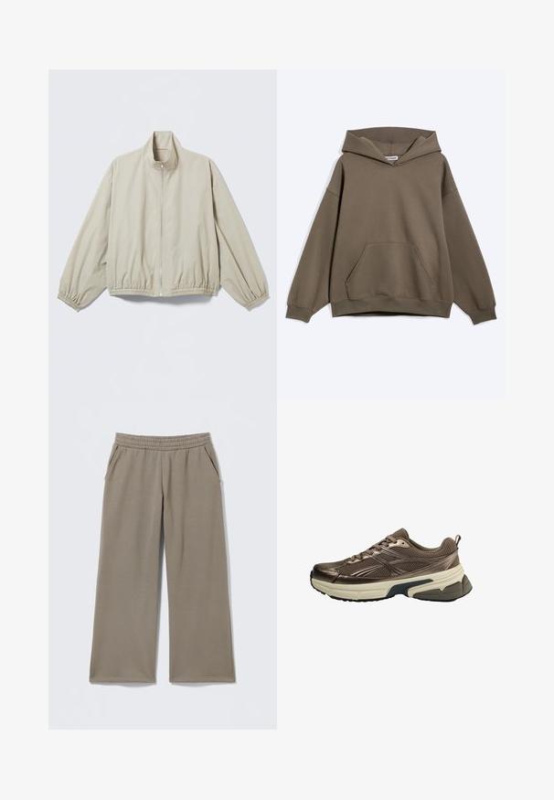 Veste zippée beige clair avec poignets et ourlet élastiques, col montant, présentée sur une surface plane.; Sweat à capuche marron oversize avec poche kangourou à l'avant et poignets côtelés, présenté sur un fond clair uni.; Pantalons taupe à jambes larges avec taille élastique et poches latérales, posés à plat sur un fond clair.; Chaussure de sport en mesh marron avec semelle épaisse beige et bande de roulement noire, rayures latérales détaillées et lacets, vue du côté extérieur.