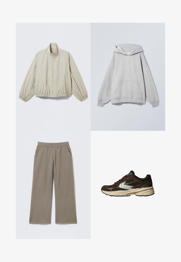 Lys beige lynlåstrøje med elastiske ærmeafslutninger og kant, opretstående krave, vist på en flad overflade.; Lysegrå hættetrøje med lange ærmer, forlommer, ribkanter og et "Weekday"-mærke inde i kraven.; Taupe vide benbukser med elastisk talje og sidelommer, liggende fladt på en lys baggrund.; Brun atletisk sko med mesh-paneler, et hvidt accentdesign, en polstret gummisål og en strikket overdelsmateriale for åndbarhed.