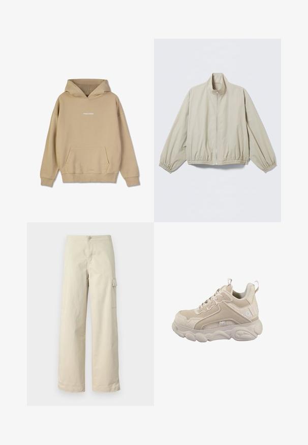 Hellbeige Reißverschlussjacke mit elastischen Bündchen und Saum, Stehkragen, auf einer ebenen Fläche liegend präsentiert.; Beige Kapuzenpullover aus einem baumwollähnlichen Material. Verfügt über eine frontale Kängurutasche und ein weißes "PEGADOR"-Logo auf der Brust.; Beige Cargo-Hosen aus weicher Baumwolle, mit geradem Schnitt, einem vorderen Knopf und einer Seitentasche mit Klappendetail.; Beige Sneaker aus einer Mischung aus glattem Leder und strukturierten Einsätzen, mit einer gepolsterten Sohle, Schnürsenkeln und einem Branding-Detail an der Seite.