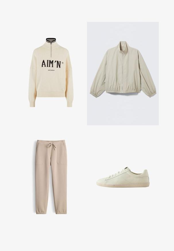 Veste zippée beige clair avec poignets et ourlet élastiques, col montant, présentée sur une surface plane.; Pull crème à col haut et zip quart, avec le logo noir "AIM'N" et le texte "SPORTSWEAR", poignets et ourlet côtelés, texture tricotée.; Joggers beige en tissu doux, dotés d'une taille élastique avec cordon de serrage, de poches latérales et de poignets effilés aux chevilles.; Baskets basses en cuir blanc avec surface texturée, fermeture à lacets et semelle en caoutchouc beige, vues de côté sur fond blanc.