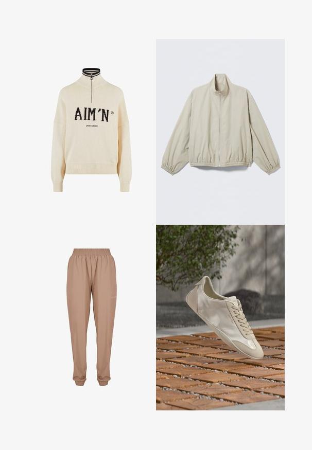 Veste zippée beige clair avec poignets et ourlet élastiques, col montant, présentée sur une surface plane.; Pull crème à col haut et zip quart, avec le logo noir "AIM'N" et le texte "SPORTSWEAR", poignets et ourlet côtelés, texture tricotée.; Pantalons de jogging beige avec une taille élastique, des poignets aux chevilles et un tissu léger et lisse avec un discret logo sur le côté.; Baskets beige Calvin Klein flottant au-dessus d'une surface extérieure en bois et galets à motifs avec de la verdure et un mur en béton en arrière-plan.