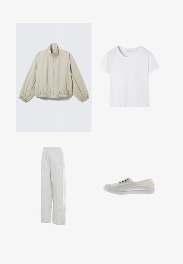 Lys beige lynlåstrøje med elastiske ærmeafslutninger og kant, opretstående krave, vist på en flad overflade.; Hvid kortærmet T-shirt med rund halsudskæring og mellemlangt mærke, vist fladt på hvid baggrund.; Lysegrå Adidas vidde træningsbukser med elastisk talje, hvide tre striber på siderne, lynlåslomme og subtil blomsterbroderi på venstre ben.; Hvide lavtopcanvas sneakers med gummisåler og -tåhætte, med fire metaløjer på siden, vist i højre profil.