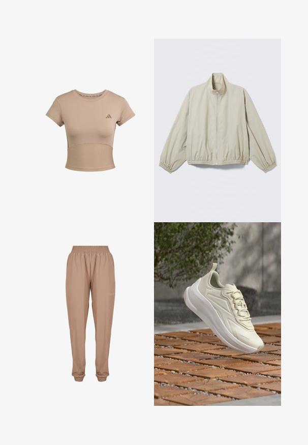 Hellbeige Reißverschlussjacke mit elastischen Bündchen und Saum, Stehkragen, auf einer ebenen Fläche liegend präsentiert.; Beige Sport cropped T-Shirt mit kurzen Ärmeln, geripptem unteren Abschnitt und dezentem Logo auf der Brust. Glatte Textur, taillierte Passform.; Beige Jogginghosen mit elastischem Bund, Knöchelbündchen und einem glatten, leichten Stoff mit einem subtilen Logo-Detail an der Seite.; Hellbeiger Calvin Klein Sneaker mit dicker weißer Sohle, der über einer gemusterten Holzoberfläche schwebt, mit unscharfen grünen Blättern im Hintergrund.
