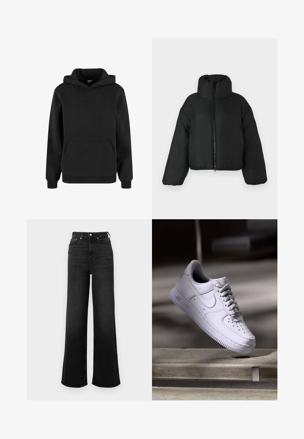 Schwarze, kurz geschnittene Pufferjacke mit hohem Kragen, Frontreißverschluss und voluminösen Ärmeln. Das Material wirkt glatt und isoliert.; Schwarzer Kapuzenpullover mit langen Ärmeln und einer vorderen Kängurutasche, hergestellt aus weichem Stoff mit gerippten Bündchen und Saum.; Schwarze Jeans mit weitem Bein und hoher Taille, mit fünf Taschen und Metallbeschlägen. Glatte Textur und minimale Verblassung.; Weißer Nike Air Force 1 Sneaker schwebt über einer Betonoberfläche mit Schatten in einem minimalistischen Umfeld.