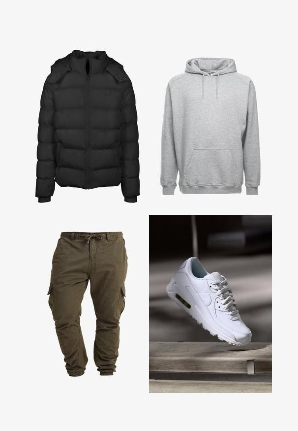 Chaqueta acolchada negra con cremallera frontal, cuello alto y detalles de botones a presión. Presenta secciones acolchadas para aislamiento y puños acanalados.; Sudadera gris de suave tejido de felpa cepillada. Cuenta con un amplio bolsillo frontal, capucha ajustable con cordón y puños y dobladillo acanalados.; Pantalones cargo de color verde oliva hechos de algodón suave, con cordón ajustable en la cintura, puños elásticos y bolsillos laterales. ; Zapatilla blanca de piel con superficies texturizadas, cuello acolchado y amortiguación de aire visible en la suela. Presenta cordones y un diseño minimalista.
