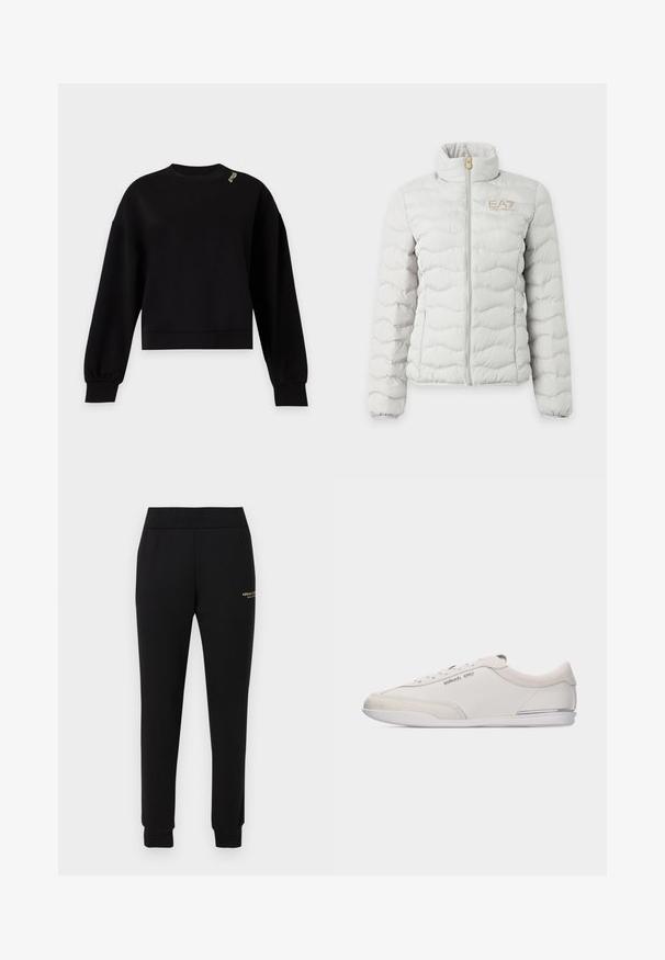 Veste matelassée gris clair avec fermeture éclair intégrale devant, col montant, poignets élastiques et petit logo EA7 Emporio Armani sur la poitrine.; Sweat-shirt noir à manches longues avec col rond, poignets et ourlet côtelés, avec un petit texte blanc sur l'épaule gauche près de l'encolure.; Pantalon de survêtement noir fuselé avec taille et poignets élastiques, présentant un petit logo doré "Armani Exchange" sur la cuisse droite.; Baskets basses blanc cassé et beige à lacets, avec des détails en cuir lisse et en daim, arborant un petit logo Michael Kors sur le côté.