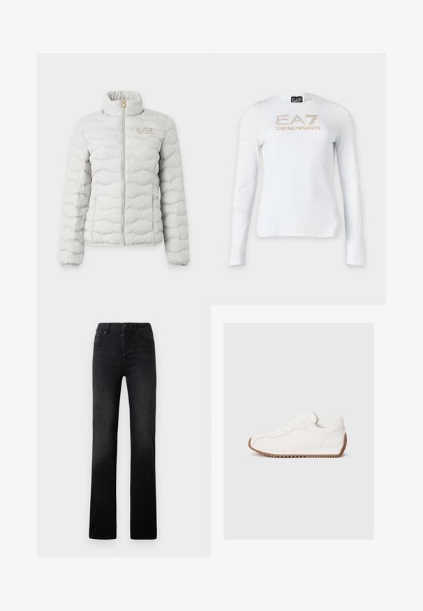 Helehall triibuline sulejope, täies pikkuses ees lukuga, püstkrae, elastsete varrukaservade ja väikese EA7 Emporio Armani logoga rinnal.; Valge pika varrukaga särk kuldse EA7 Emporio Armani logoga ja väikese kotkalõviga esiküljel keskel.; Mustad denim sirged püksid, millel on kerge pleekimine, viis taskut ja nupuga sulgemine. Sile tekstuur koos minimaalsete õmblusdetailidega.; Valge tenniseking sileda nahkpealsega, tekstuurse kummist tallaga, ümarate varvastel ja peente kootud detailidega. Kontrastne pruun kummist välistald.