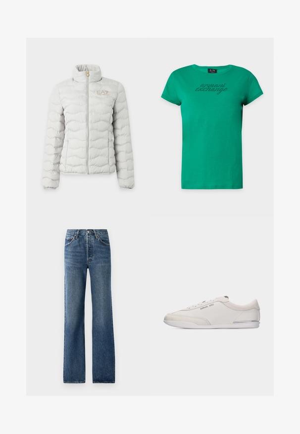 Veste matelassée gris clair avec fermeture éclair intégrale devant, col montant, poignets élastiques et petit logo EA7 Emporio Armani sur la poitrine.; T-shirt vert à manches courtes Armani Exchange avec encolure ronde et texte "armani exchange" en petits points noirs sur la poitrine.; Jean en denim bleu avec une coupe droite, comportant cinq poches, un bouton de fermeture et des effets de décoloration légers avec un léger frottement.; Baskets basses blanc cassé et beige à lacets, avec des détails en cuir lisse et en daim, arborant un petit logo Michael Kors sur le côté.