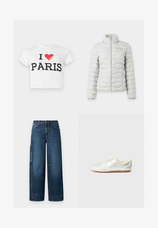 Veste matelassée gris clair avec fermeture éclair intégrale devant, col montant, poignets élastiques et petit logo EA7 Emporio Armani sur la poitrine.; T-shirt court en coton blanc à manches courtes, avec un texte noir audacieux disant "J'AIME PARIS" et un cœur rouge, avec le mot "FUTURE" en rouge.; Jean large en denim bleu foncé avec taille haute, cinq poches et fermeture à bouton. Présente des détails de couture discrets et une coupe décontractée.; Baskets synthétiques argentées avec accents crème, profil bas, bout arrondi et semelle en caoutchouc plate ; dotées de coutures classiques et d'une fermeture à lacets.
