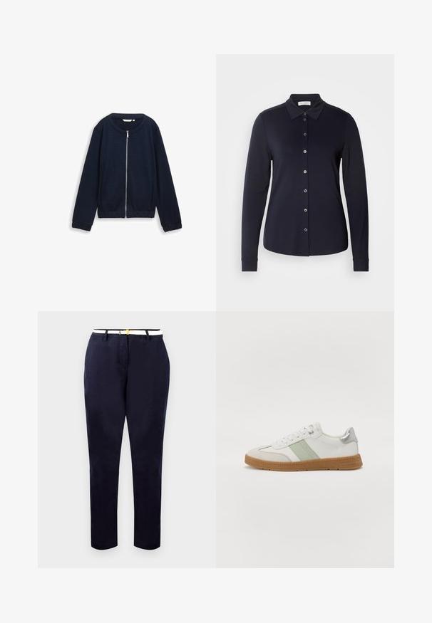 Marineblå zip-up jakke med struktureret mønster, rund halsudskæring og elastiske manchetter. Fremstillet af vævet materiale med en tætsiddende design.; Marineblå langærmet skjorte med knapper, klassisk krave, blødt stof og seks frontknapper. Har tilpassede manchetter og en glat tekstur.; Marineblå chinos med en slim fit, bomuldsstof og et hvidt bælte med en guldtonet spænde. Glat tekstur, lige ben, minimalistisk design.; TOM TAILOR Sneakers - white/mint