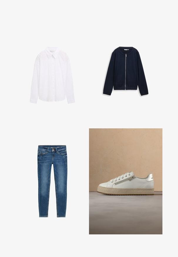Veste zippée bleu marine avec un motif texturé, col rond et poignets élastiques. Conçue en matériau tissé avec une coupe ajustée.; Chemise blanche à boutons avec un col, motif à pois texturé et manches longues, en tissu de coton léger.; Jean skinny en denim bleu avec une texture lisse, design cinq poches, accents en rivets cuivrés et coutures orange contrastantes.; Baskets en cuir blanc avec semelle beige texturée, dotées d'une fermeture éclair latérale et de lacets, suspendues au-dessus d'un sol neutre et d'une table en bois.