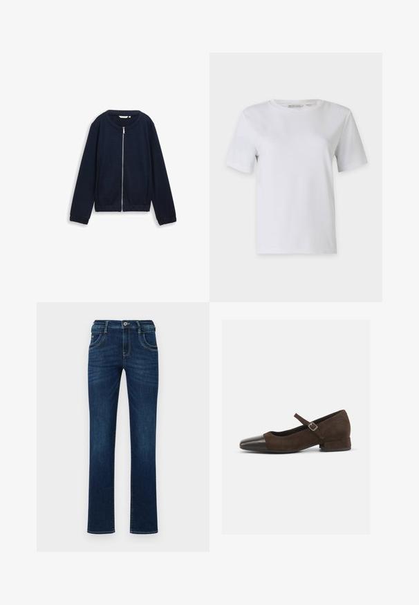 Dunkelblaues Zip-Jacke mit strukturiertem Muster, rundem Halsausschnitt und elastischen Bündchen. Aus gewebtem Material mit enganliegender Passform gefertigt.; Weißes T-Shirt mit kurzen Ärmeln aus glattem Baumwollstoff. Verfügt über einen Rundhalsausschnitt und einen geraden Saum, ohne Muster oder Verzierungen.; Dunkelblaue Denim-Jeans mit geradem Bein, fünf Taschen, und einem standardmäßigen Knopfverschluss. Verfügt über dezente Stickdetails.; Braune Wildleder-Mary-Jane-Schuhe mit einer schwarzen Lackleder-Zehenspitze, verstellbarem Riemen und einem niedrigen Blockabsatz. Glatte Textur mit minimalen Akzenten.