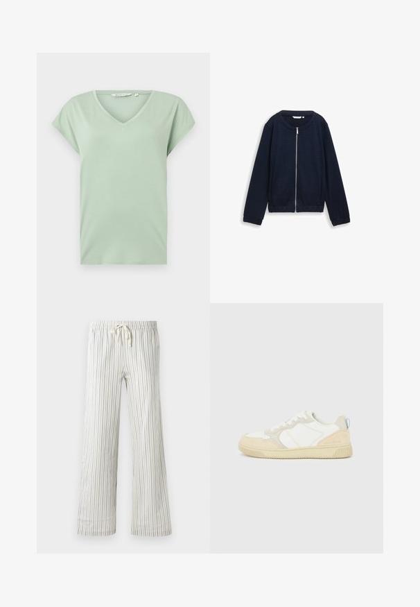 Marineblå zip-up jakke med struktureret mønster, rund halsudskæring og elastiske manchetter. Fremstillet af vævet materiale med en tætsiddende design.; Mintgrøn V-hals T-shirt med korte ærmer, lavet af blødt stof, med en afslappet pasform og uden mønstre eller synlig hardware.; Hvide snoretræk bukser med tynde lodrette blå striber og elastisk talje, vist frontalt på en ensfarvet baggrund.; Hvid og beige sneaker med en overdel i ruskind og tekstil, med kontrastsyninger, en gummisål og en lyseblå detalje på hælen.