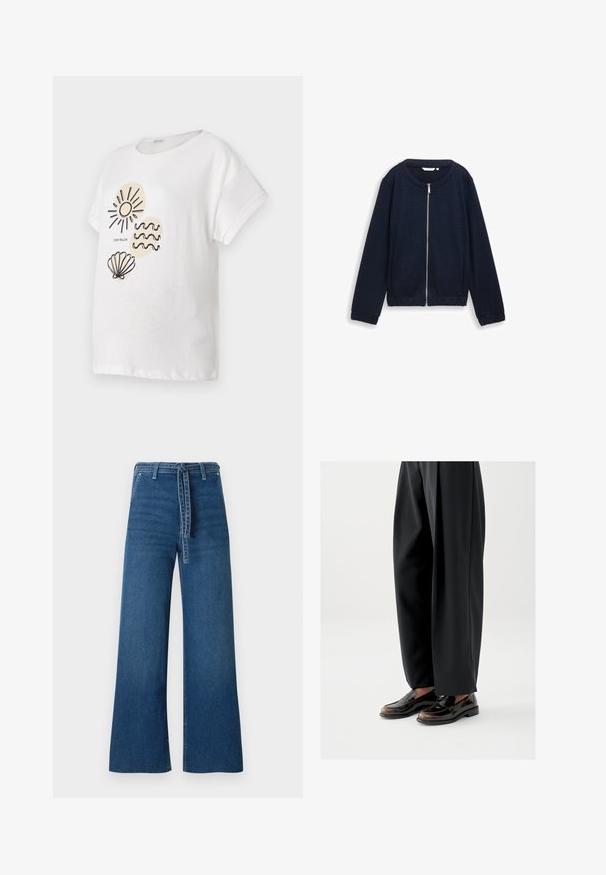 Marineblå zip-up jakke med struktureret mønster, rund halsudskæring og elastiske manchetter. Fremstillet af vævet materiale med en tætsiddende design.; Hvid bomulds T-shirt med korte ærmer, der har sorte stregtegninger af en sol, bølger og en musling på forsiden.; TOM TAILOR DENIM TTMIJA CULOTTE FIT - Flared jeans - used mid stone blue denim; Sorte loafers med en blank læderfinish, der har en dekorativ rem over toppen, kombineret med løstsiddende sorte bukser.