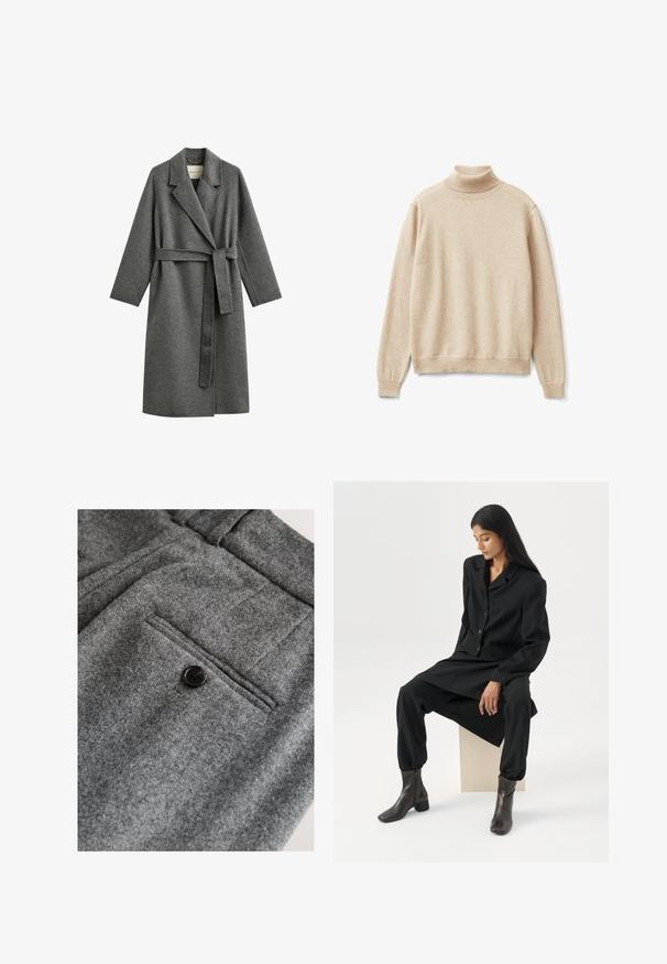 Lange grijze wollen jas met brede revers en een bijpassende riem die in de taille is gestrikt, weergegeven op een witte achtergrond.; Beige coltrui van zacht gebreide stof, met een geribbelde kraag en manchetten, en een relaxed fit met een rechte zoom.; Grijze wollen broek met een platte voorkant, een enkele achterzak met een zwarte knoop en een zachte, gestructureerde afwerking.; Vrouw met lang donker haar zittend, draag een losse zwarte blazer, bijpassende wijde broek en donkere enkellaarsjes tegen een effen witte achtergrond.