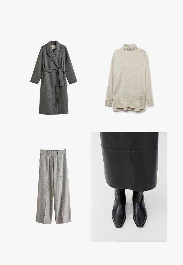 Long manteau en laine gris avec de larges revers et une ceinture assortie nouée à la taille, présenté sur fond blanc.; Pull en tricot beige avec un col roulé côtelé, des manches longues et un ourlet avec des côtes diagonales. Texture douce et coupe décontractée.; Pantalon gris en laine à jambes larges avec passants de ceinture, plis à l'avant et poches latérales, présenté sur un fond blanc.; Bottes montantes en cuir noir avec un design à bout carré et une fermeture éclair sur le côté. Texture lisse et matériel minimal ; associées à une jupe en cuir noir.