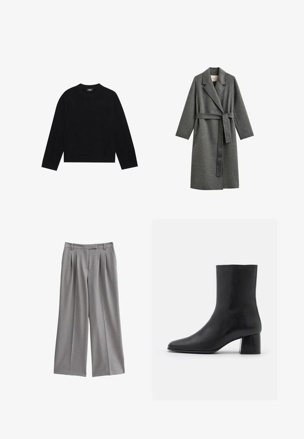 Long manteau en laine gris avec de larges revers et une ceinture assortie nouée à la taille, présenté sur fond blanc.; Pull à col rond noir à manches longues, avec des poignets et un ourlet côtelés, fabriqué dans un matériau doux. Design simple et épuré sans motifs ni accents.; Pantalons larges gris avec un devant plissé, fabriqués à partir d'un tissu lisse. Dotés d'une taille plate avec passants de ceinture et de poches latérales.; Bottine en cuir noir avec un bout pointu et un talon carré épais. Texture lisse avec un design sans coutures et descoutures minimalistes.