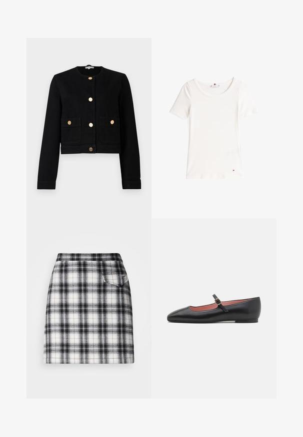 Veste noire cropped en coton, dotée d'un col rond, de boutons dorés et de deux poches à l'avant avec fermetures à bouton.; T-shirt blanc à côtes avec des manches courtes, col rond et un petit logo rouge, blanc et bleu sur l'ourlet inférieur.; La jupe à carreaux présente un motif noir et blanc avec une coupe slim, une coupe droite et une petite poche arrière pour les détails. Fabriquée en tissu tissé.; Chaussure plate en cuir noir avec un bout pointu et une sangle au niveau de la cheville, ornée d'une boucle en or. Texture lisse avec une finition légèrement brillante.