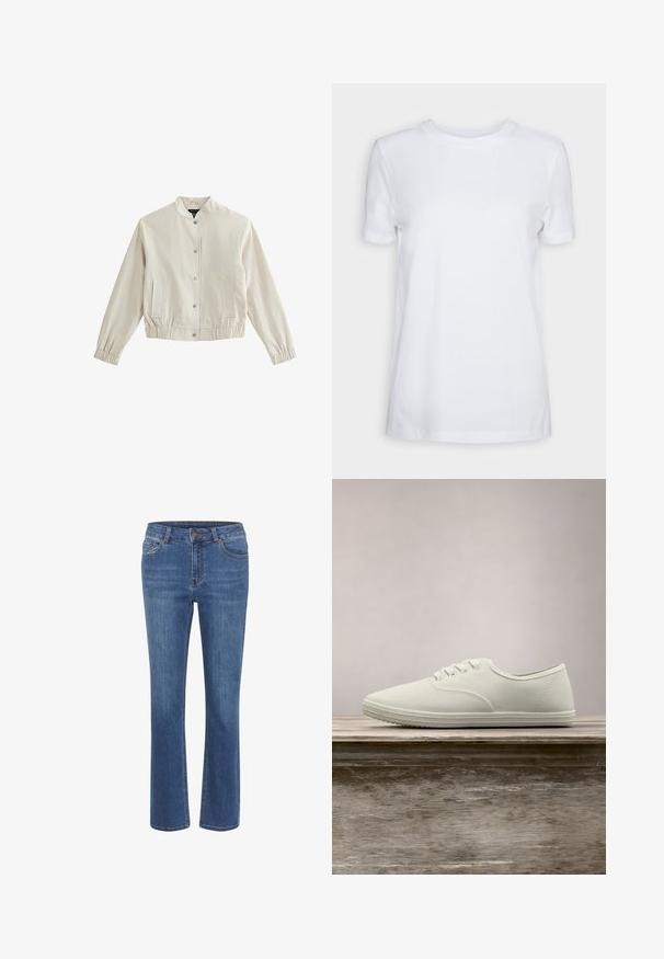 Lys beige bomberjakke med rund krave, trykknapper, sidelommer og elastiske manchetter; lavet af et glat, tekstureret stof.; Simpel hvid T-shirt med korte ærmer og rund hals, normal pasform og et lille indvendigt mærke på nakken med teksten "SELECTED FEMME."; Blå denimjeans med lige ben, tætsiddende talje, bæltesløjfer, fem lommer og en lille brun knap i taljen.; Hvide kanvas sneakers med rund tå, seks snørrehuller og tekstureret gummisål, hængende over en træoverflade med grønne græs i baggrunden.