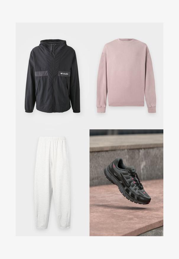 Sort Columbia-jakke med lynlåslukning, justerbar hætte og elastiske manchetter. Har et grå horisontalt accentpanel på brystet.; Lyserød sweatshirt med klassisk rund hals, ribbede manchetter og kant. Fremstillet af blødt, struktureret materiale. Simpelt design uden mønstre.; Lyse grå sweatsbukser lavet af blødt stof, med elastisk talje, tætsiddende ben og ankelmanchetter. Simpelt design uden mønstre.; Grå og sort Nike-sneaker med pinke accenter svævende i luften over en stenet overflade, der viser side- og topdetaljer.