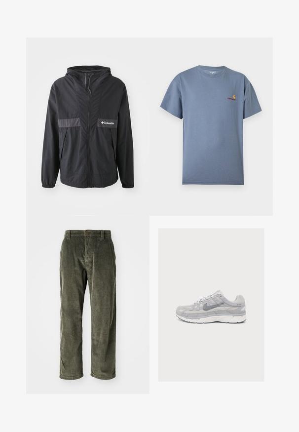 Chaqueta Columbia negra con cierre de cremallera, capucha ajustable y puños elásticos. Presenta un panel de acento horizontal gris en el pecho.; Camiseta sólida azul pizarra de manga corta con logo pequeño de Carhartt en rojo y amarillo en el pecho izquierdo.; Pantalones de pana color verde oliva con acanalado vertical, que presentan un cierre de botón y un diseño de pierna recta. Textura suave con un ajuste clásico.; Zapatilla de correr Nike gris claro con paneles de malla y ante, suela blanca gruesa y logotipo Swoosh lateral, mostrada de perfil sobre un fondo liso.