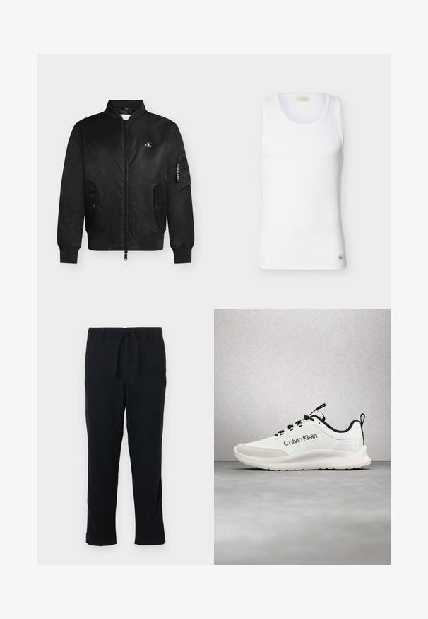 Must bomber-jakk eesrihma, kahe trukiga tasku, soonikkoes mansetid ja ääred, väike valge "cK" logo rinnal ja "Calvin Klein" silt varrukal.; Valge soonikkoes varrukateta topp ümmarguse kaelusega ja väikese Calvin Kleini logomärgiga hemmi lähedal ühevärvilisel taustal.; Mustad pehmeast kangast mustad püksid, millel on nööriga vöökoht, sirge jalgade disain ning lihtne alläär, ilma taskute või kaunistusteta.; Valge ja musta Calvin Kleini toss mustade paeltega hõljumas halli põranda kohal klaaskivikäte lähedal.