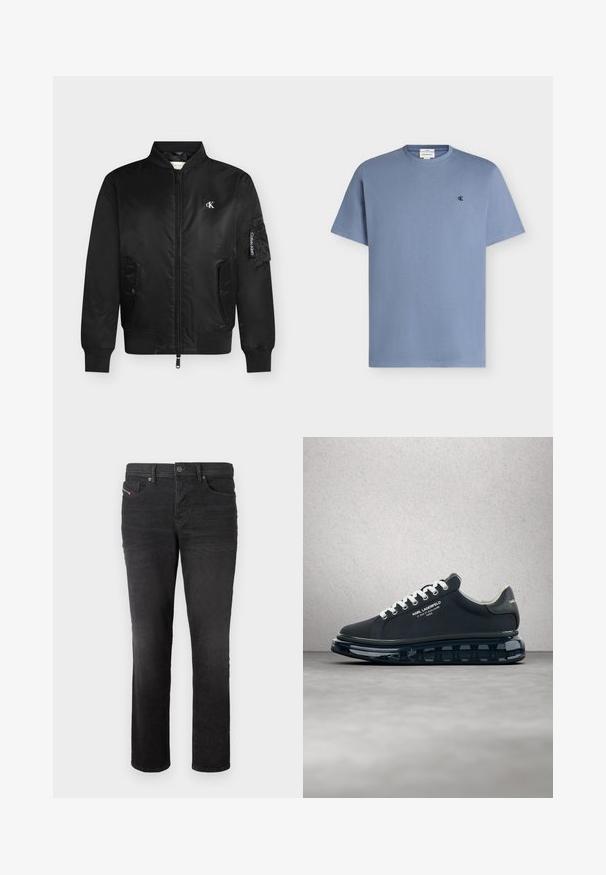 Must bomber-jakk eesrihma, kahe trukiga tasku, soonikkoes mansetid ja ääred, väike valge "cK" logo rinnal ja "Calvin Klein" silt varrukal.; Helehall sinine lühikeste varrukatega puuvillane t-särk, ümar kaelus ja väike must "cK" logo vasakul rinnal.; Mustast denimist valmistatud sirge jala disainiga teksad, millel on viis taskut, nööbiga sulgemine ja õrn õmblusdetailide muster esiküljel.; Must Karl Lagerfeld toss valgete paelte, küljele paistva logoga ja läbipaistva tallaga, riputatud poleeritud betoonpõranda kohale.