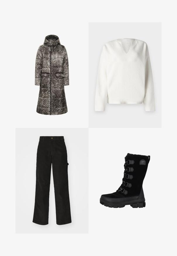Lang quiltet frakke med hætte, i brun og beige leopardprint, frontlynlås og to klaplommer.; Hvid, tekstureret pullover med V-udskæring og lange ærmer. Har en kasseformet silhuet og blødt, hyggeligt stof. Enkel og minimalistisk design.; Sorte kordfløjsbukser med et lige ben-design, der har en knaplukning og sidelommer. Glat tekstur med fine lodrette striber.; Sorte vandtætte vinterstøvler med overdel i ruskind, pelskrave og gummisål. Har snørebåndsdesign med hexagonale snørehuller og logo-patch.