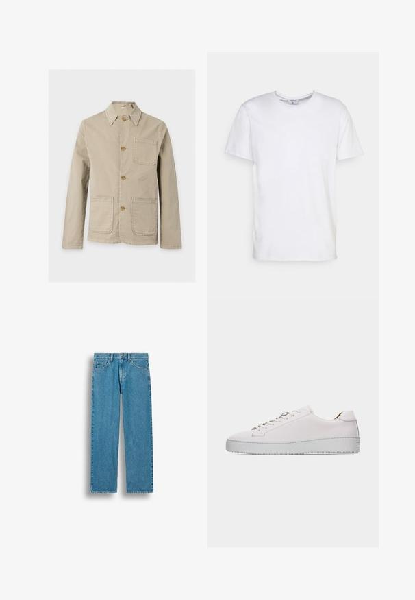 Beige fritidsjakke med krage, fire brune knapper foran, og tre påsydde lommer på brystet og nedre front.; Hvit t-skjorte med korte ermer laget av bomull. Har rund hals og avslappet passform uten synlige mønstre eller detaljer.; Blå rett-bein denim-jeans med frontlommer, beltehemper og knappelukking, vist mot en hvit bakgrunn.; Lave hvite skinnsko med hvite lisser, flat strukturert gummisåle og minimalt med sømmer, vist fra ytre side på hvit bakgrunn.