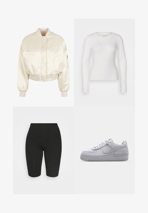 Veste bomber en satin crème avec un design matelassé, des poignets et une taille côtelés, comprenant deux poches avant et une poche zippée sur la manche.; Haut à manches longues blanc en tissu côtelé avec un col rond. Le tissu est lisse, avec une texture subtile et une coupe ajustée. Pas de matériel ou de motifs visibles.; Shorts de cyclisme noirs avec un design ajusté, une taille élastique et une texture lisse. La longueur tombe au-dessus du genou. Pas de motifs ou d'embellissements visibles.; Basket en cuir lisse gris Nike Air Force 1 avec un bout perforé, une semelle épaisse et un détail 'AIR' en relief sur le talon.