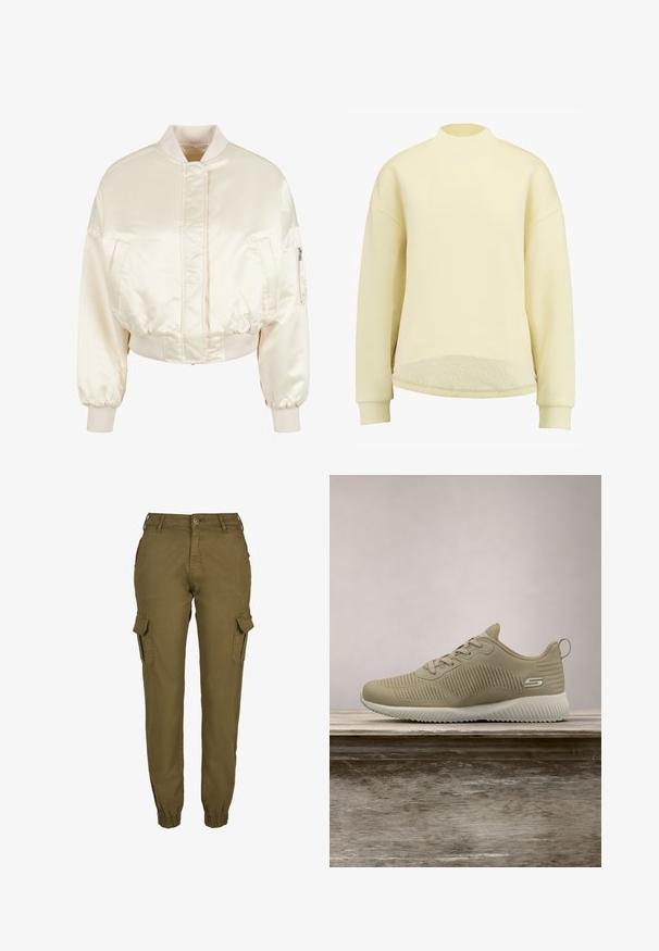 Creme satin bomberjakke med quiltemønster, ribbede manchetter og talje, der har to forlommer og en lynlåslomme på ærmet.; Lys gul pullover sweatshirt med høj krave, nedsatte skuldre og en blød tekstur. Har en let afrundet kant med en kontrasterende inderside.; Olivengrønne cargo bukser med elastiske manchetter, flere sidelommer og knaplukning. Fremstillet af glat stof og har en afslappet pasform.; Beige atletisk sko med tekstureret overdækning, snørebånd og støttende hælkappe, hviler på en træoverflade, sat mod grønne planter.