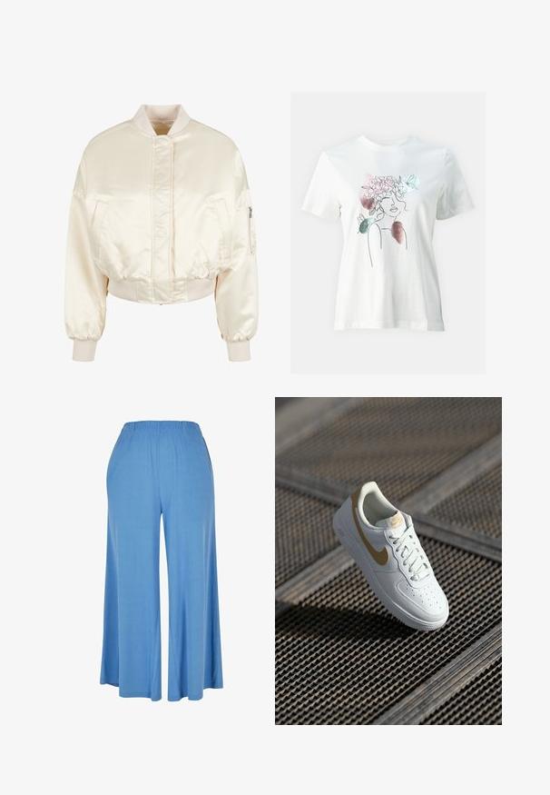 Creme satin bomberjakke med quiltemønster, ribbede manchetter og talje, der har to forlommer og en lynlåslomme på ærmet.; Hvid bomulds T-shirt med en linjetegning af en kvindes ansigt omgivet af blomster- og sommerfugllignende illustrationer i bløde farver.; Lysblå bredde bukser lavet af blødt stof, med en elastisk talje og en løs pasform, der strækker sig til midt på læggen.; Hvide lædersneakers med gyldne detaljer, rund tå, perforeret design på tåboksen og flade snørebånd. Har 'Air' branding på sålen.