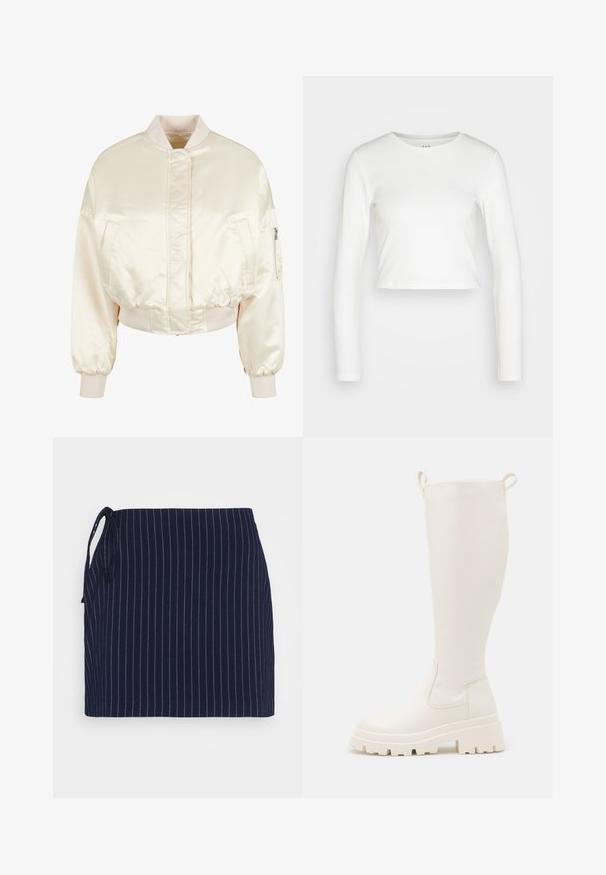 Veste bomber en satin crème avec un design matelassé, des poignets et une taille côtelés, comprenant deux poches avant et une poche zippée sur la manche.; GAP ULTRA CROP RIB TEE - T-shirt à manches longues - new off white; Even&Odd by Zalando Minijupe - dark blue; Bottes en caoutchouc blanches jusqu'aux genoux avec une semelle épaisse et des panneaux élastiques sur les côtés. Elles sont dotées de languettes en haut pour un enfilage facile. Texture lisse.