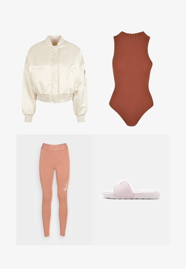 Chaqueta bomber de satén crema con un diseño acolchado, puños y cinturilla de canalé, que cuenta con dos bolsillos frontales y un bolsillo con cremallera en la manga.; Bodysuit marrón acanalado con cuello alto, diseño sin mangas y silueta ajustada. Fabricado con tela elástica, adecuado para superponer.; Nike Sportswear W NSW AIR LGGNG HR - Leggings - mineral clay/red bark/pink oxford; Sandalia de slide rosa con una suela de goma flexible, tirante acolchado y diseño minimalista. Presenta un logo en la tira y textura suave.