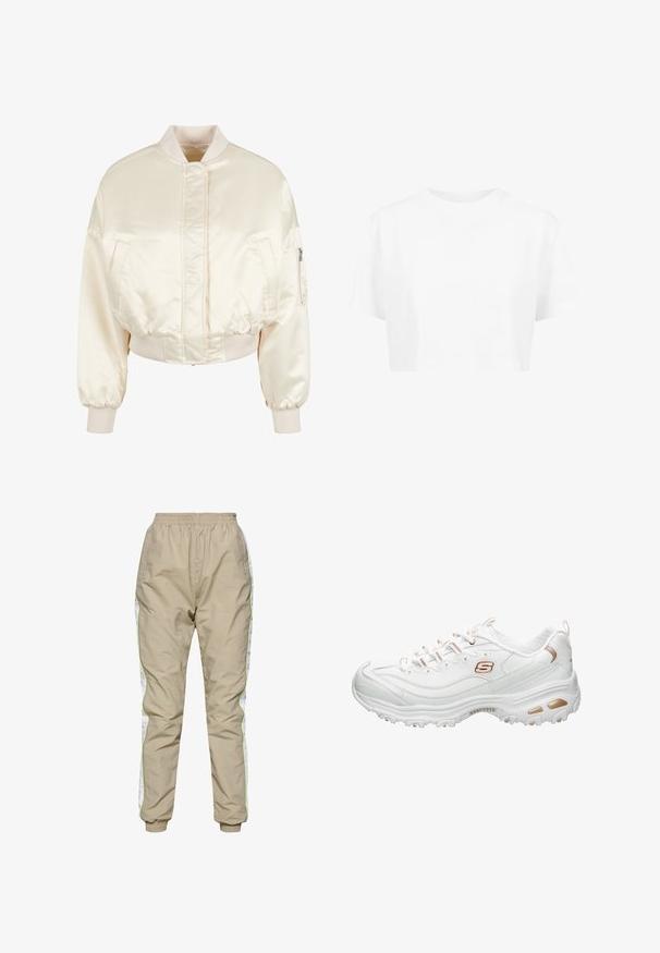 Chaqueta bomber de satén crema con un diseño acolchado, puños y cinturilla de canalé, que cuenta con dos bolsillos frontales y un bolsillo con cremallera en la manga.; Camiseta blanca corta, de mangas cortas, con cuello redondo, hecha de una tela suave, sin patrones visibles ni herrajes distintivos.; Pantalones de chándal ligeros beige con cintura elástica, paneles laterales blancos y ribetes verdes neón; puños elásticos en los tobillos.; Zapatilla deportiva blanca hecha de material sintético suave. Presenta detalles texturizados, adornos metálicos dorados, diseño con cordones y una suela acolchada.