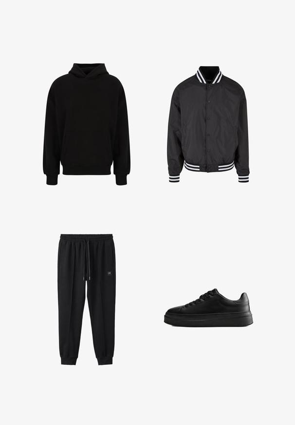 Zwarte bomberjack van gladde stof, met een voorklep-sluiting en gestreepte manchetten en kraag in wit en zwart.; Zwarte pullover hoodie met een voorzak, ribgebreide manchetten en zoom. Gemaakt van zachte stof; heeft een relaxed fit en een verstelbare capuchon.; Zwarte joggingbroek met elastische tailleband, trekkoord, zijzakken, omgeslagen enkels en een klein logo op rechterdij.; Zwarte lage sneaker met dikke zool en veters aan de voorkant, gemaakt van glad leer, zijaanzicht op een witte achtergrond.