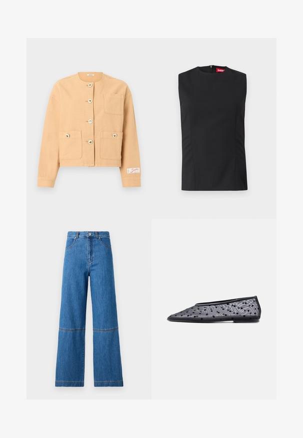 Veste beige à boutons avec encolure ronde, trois poches frontales — deux avec boutons — et un écusson logo rouge sur le poignet gauche.; Top noir sans manches avec un col haut, des pinces sur le devant et une fermeture éclair invisible au dos. Fabriqué en tissu lisse avec une coupe structurée.; Jean en denim bleu à jambe large et taille haute, avec des coutures doubles au niveau des genoux et une finition en tissu texturé.; Chaussure plate noire à bout pointu, en tissu transparent avec un motif à pois noirs sur un fond clair.