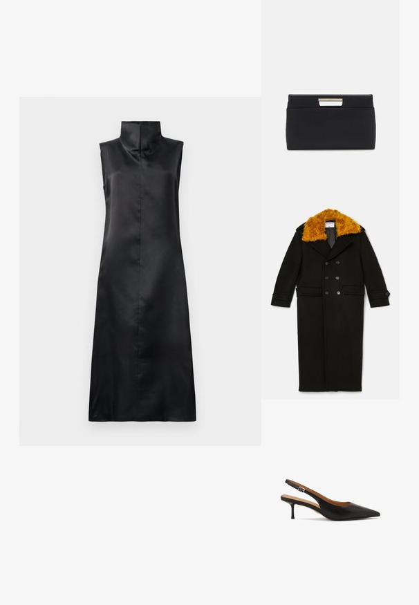 Filippa K LONG PEACOAT - Κλασικό παλτό - black; Μαύρο σατέν φόρεμα χωρίς μανίκια με ψηλό γιακά, λείο υφή και ίσια, μήκους αστραγάλου σιλουέτα. Μινιμαλιστικός σχεδιασμός χωρίς διακοσμήσεις.; Μαύρο δερμάτινο γόβα με λουρί στο πίσω μέρος, μυτερή μύτη, λεπτό τακούνι και ρυθμιζόμενο λουράκι στον αστράγαλο· λεία υφή και λιτή σχεδίαση.; Μαύρη δερμάτινη τσάντα clutch σε ορθογώνιο σχήμα. Διαθέτει μεταλλική λαβή στη μαγνητική κλείσιμο, λεία υφή και μινιμαλιστικό σχέδιο.