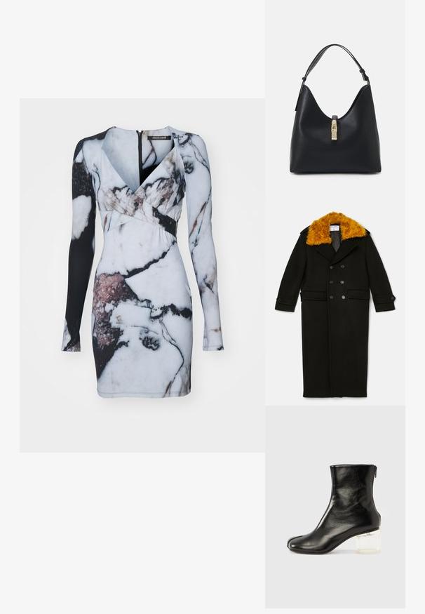 Filippa K LONG PEACOAT - Klassikaline mantel - black; Pikad varrukad, marmorimustriga kleit valge, musta ja roosa alatooniga, figuuri rõhutava silueti ja sügava V-dekolteega.; Mustast nahast pahkluu saabas ümarate varvaste ja läbipaistva plokktallaga. Varustatud külgse tõmblukuga ja siledalt mati viimistlusega.; Must musta nahk käekott ümmarguse, kontuuri kujuga, millel on kuldse tooni lukuga sulgur ja üks reguleeritav rihm. Sile tekstuur.