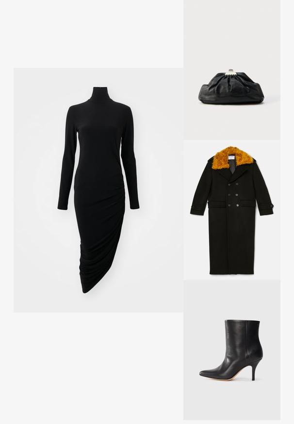 Filippa K LONG PEACOAT - Klasický kabát - black; Čierne šaty s dlhým rukávom a vysokým golierom, s riaseným dizajnom na jednej strane, vyrobené z hladkej, elastickej tkaniny.; Čierne kožené členkové topánky s špicatou špičkou, úzkym stiletto podpätkom a hladkou textúrou. Minimalistický dizajn bez viditeľných kovových prvkov alebo akcentov.; Čierna kožená kabelka do ruky s nazbieranou štruktúrou, kovovým zapínaním a jemným vypuklým logom na prednej strane. Okrúhly tvar.
